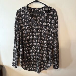 Black Button Down Shirt with Mandarin Collar and Cream Accents